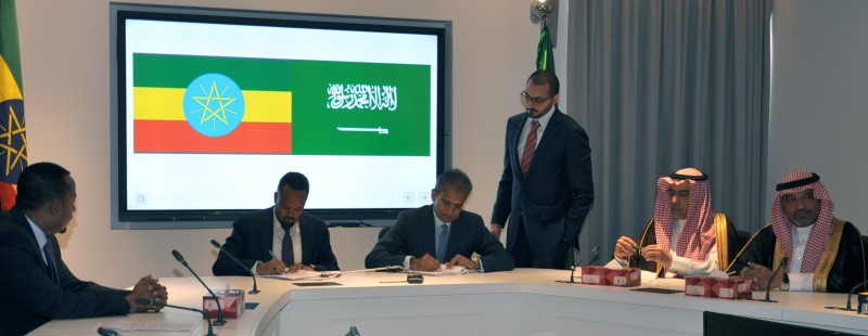 Ato Ahmed Shide, Ethiopia’s Minister of Finance(left), and Paddy Padmanathan (right), President and Chief Executive Officer of ACWA Power, during the signing ceremony