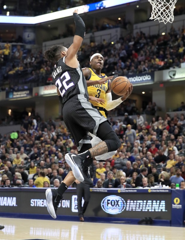 Aaron Holiday #3 of the Indiana Pacers shoots the ball against the Sacramento Kings at Bankers Life Fieldhouse in Indianapolis, Indiana, in this Dec. 20, 2019 file photo. — AFP