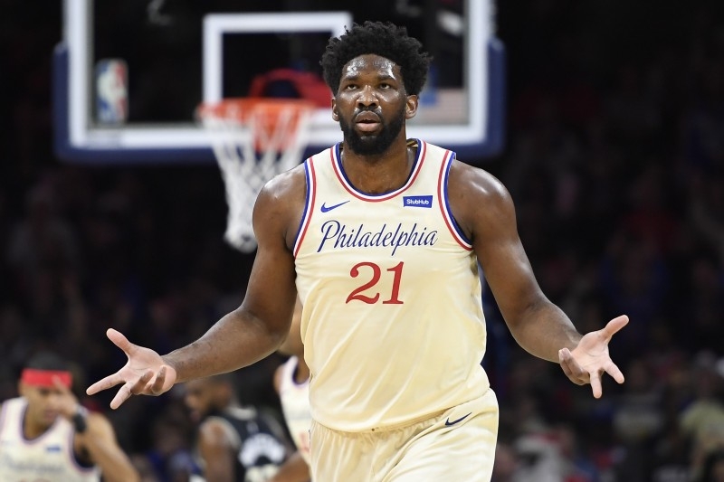 Joel Embiid #21 of the Philadelphia 76ers reacts after scoring during the first half of the game against the Milwaukee Bucks at Wells Fargo Center in Philadelphia, Pennsylvania, on Wednesday. — AFP