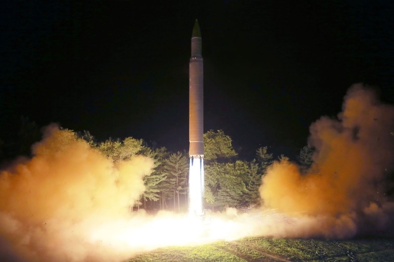 This file picture taken on July 28, 2017 and released from North Korea's official Korean Central News Agency (KCNA) on July 29, 2017 shows North Korea's intercontinental ballistic missile (ICBM) Hwasong-14 being launched from an undisclosed location in North Korea. -AFP
