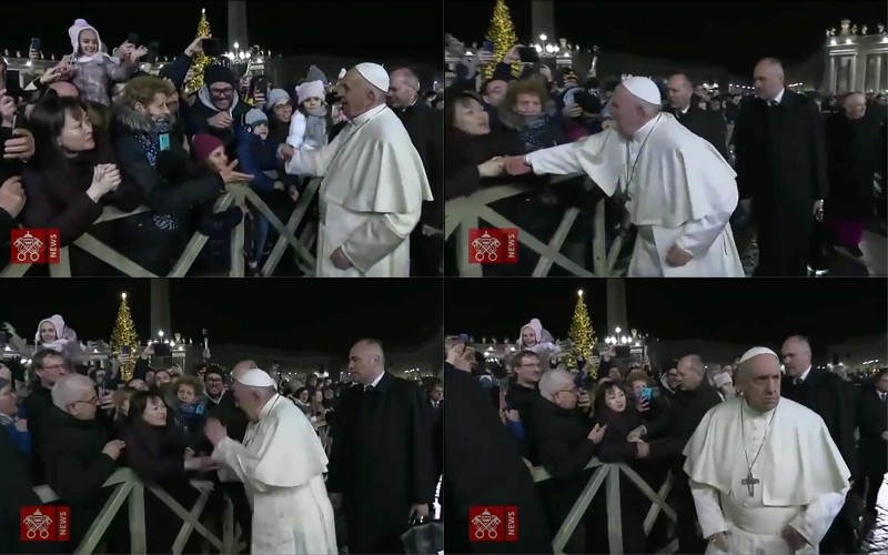 This combination of pictures created on Wednesday of frame grabs taken from a handout video made available by Vatican Media shows from top left to bottom right, a lady, left, with her hands clasped as she watches Pope Francis greeting Catholic faithful as he arrives to celebrate New Year's Eve mass in Vatican City, the same lady, left, grabbing at Pope Francis' hands as he greets Catholic faithful, followed by Pope Francis slapping his way free from her clutches and Pope Francis turning around after freeing himself prior to celebrating New Year's Eve mass in Vatican City on Tuesday. — AFP