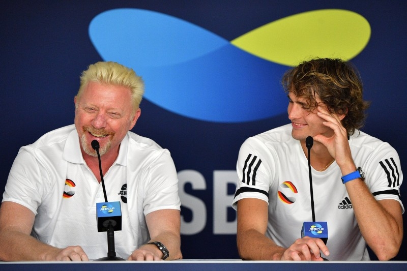 Members of Germany's team Boris Becker (L) and Alexander Zverev attend a press conference ahead of the ATP Cup tennis tournament in Brisbane on Thursday. — AFP