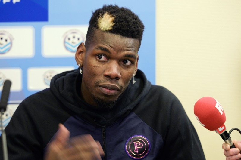 Manchester United and France midfielder Paul Pogba gives a press conference after a gala football match between All Star France and Guinea at the Vallee du Cher Stadium in Tours, central France, on Dec. 29, 2019, as part of the 