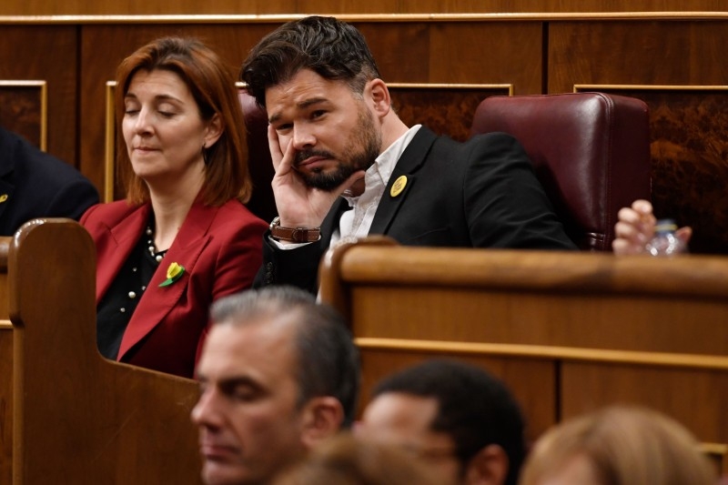 Catalan separatist Esquerra Republicana de Catalunya (ERC) party MP, Gabriel Rufian, attends the first day of a parliamentary investiture debate to vote for a premier at the Spanish Congress (Las Cortes) in Madrid on Saturday. —AFP