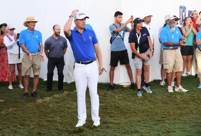 Justin Thomas of the United States reacts to a shot during the first playoff hole during a during the final round of the Sentry Tournament Of Champions at the Kapalua Plantation Course on Sunday in Kapalua, Hawaii. — AFP