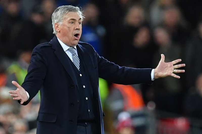 Everton's Italian head coach Carlo Ancelotti gestures during the English FA Cup third round football match against Liverpool at Anfield in Liverpool, north west England on Sunday. —  AFP