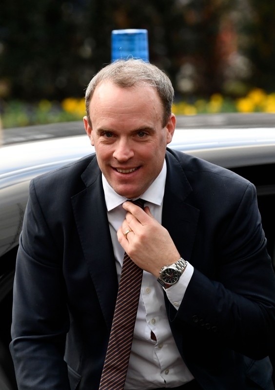Britian's Foreign Secretary Dominic Raab  arrives  for a European Union Foreign Affairs ministers' meeting at the EU headquarters in Brussels on Tuesday. -AFP