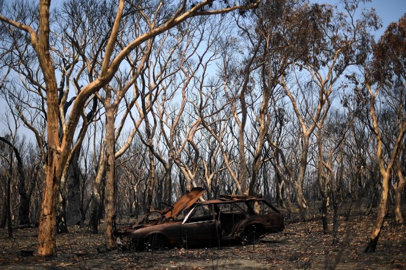 A car makes its way through thick fog mixed with bushfire smoke in the Ruined Castle area of the Blue Mountains, some 75 kilometers from Sydney, on Saturday. -AFP