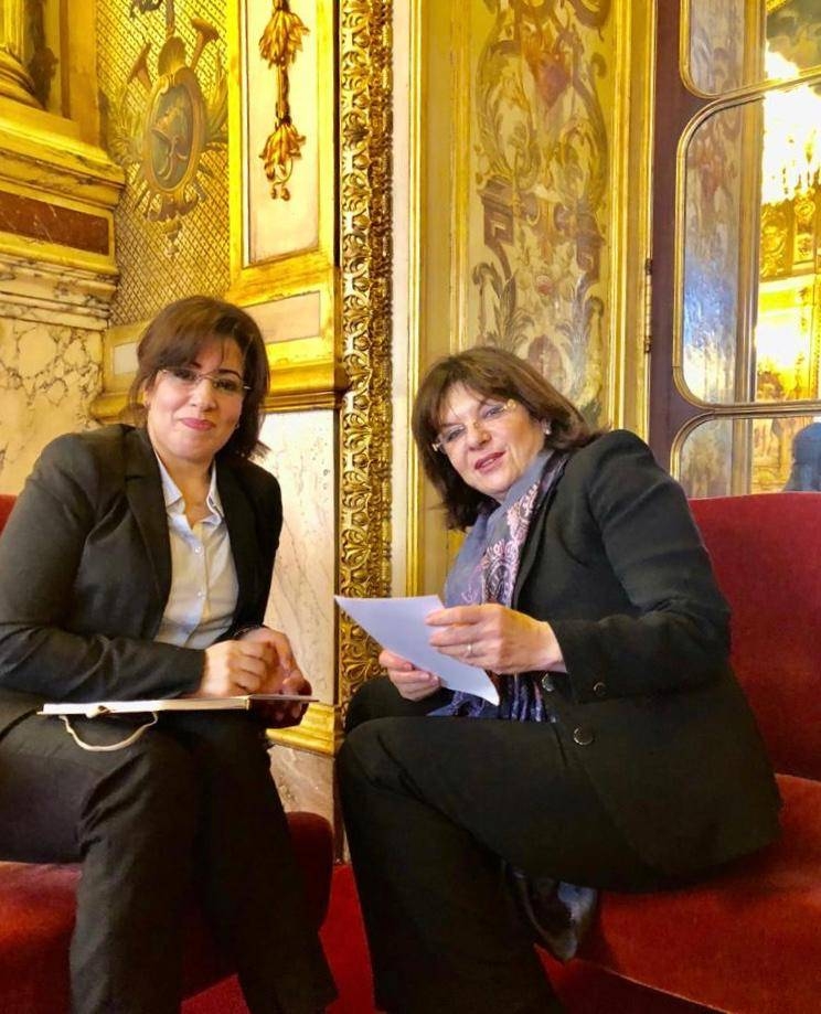 French Senator Nathalie Goulet, right, is seen with during her interview. — SG