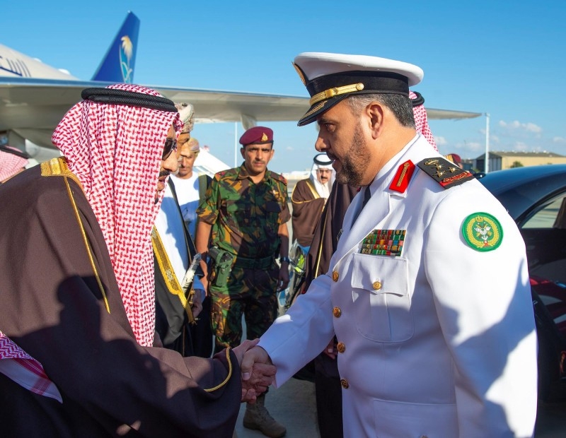 Custodian of the Two Holy Mosques King Salman is being received on arrival at Muscat International Airport in Oman on Monday. – SPA