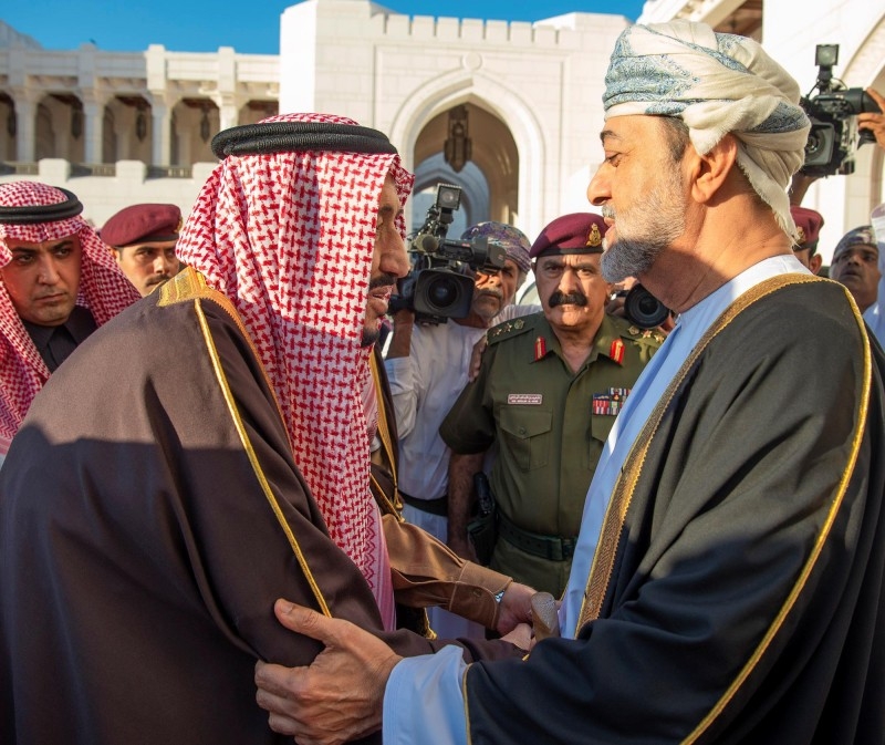 Custodian of the Two Holy Mosques King Salman meets with Sultan Haitham Bin Tariq of Oman during their meeting at Al-Alam Palace in Muscat on Monday. — SPA