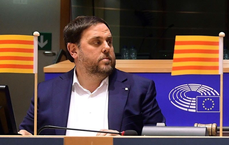 In this file photo taken on Jan. 24, 2017, then Catalan Vice President and Minister of Economy and Treasury Oriol Junqueras (L) attends a meeting named 