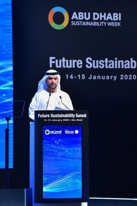 The Chairman of the Abu Dhabi Department of Energy Eng. Awaidha Murshed Al Marar addresses a high-level gathering in the first day of the Future Sustainability Summit
