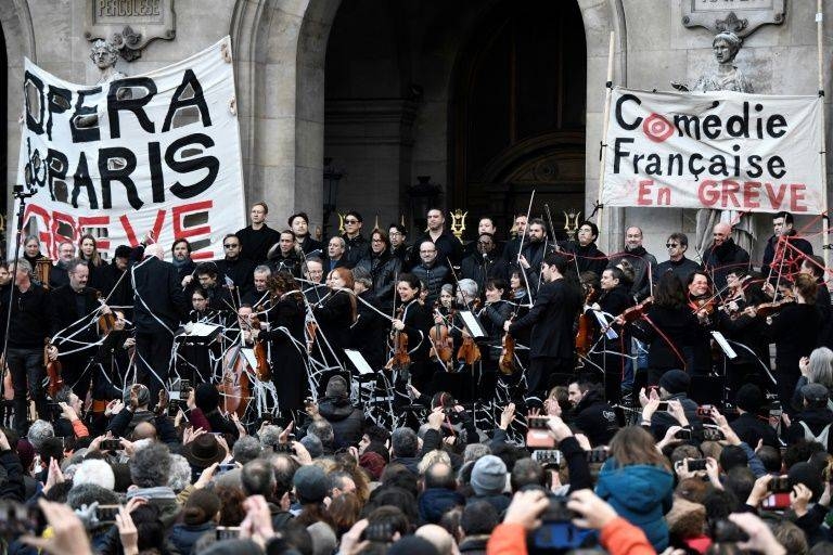 Musicians perform at the Paris Opera in support of the strike against President Emmanuel Macron's pension reforms. — AFP