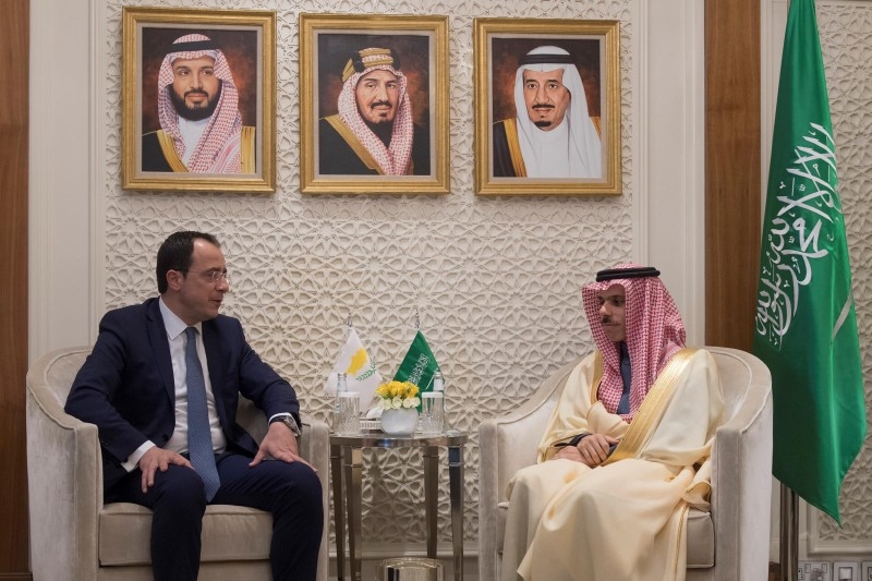 Minister of Foreign Affairs Prince Faisal Bin Farhan holds talks with his Cypriot counterpart Nikos Christodoulides at his office in Riyadh on Sunday. — SPA