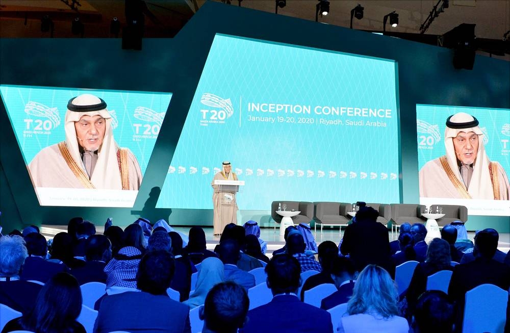 Prince Turki Al-Faisal, chairman of KFCRIS, addresses the inaugural session of the Think20 (T20) Inception Conference at Apex Center in Riyadh on Sunday. — SPA