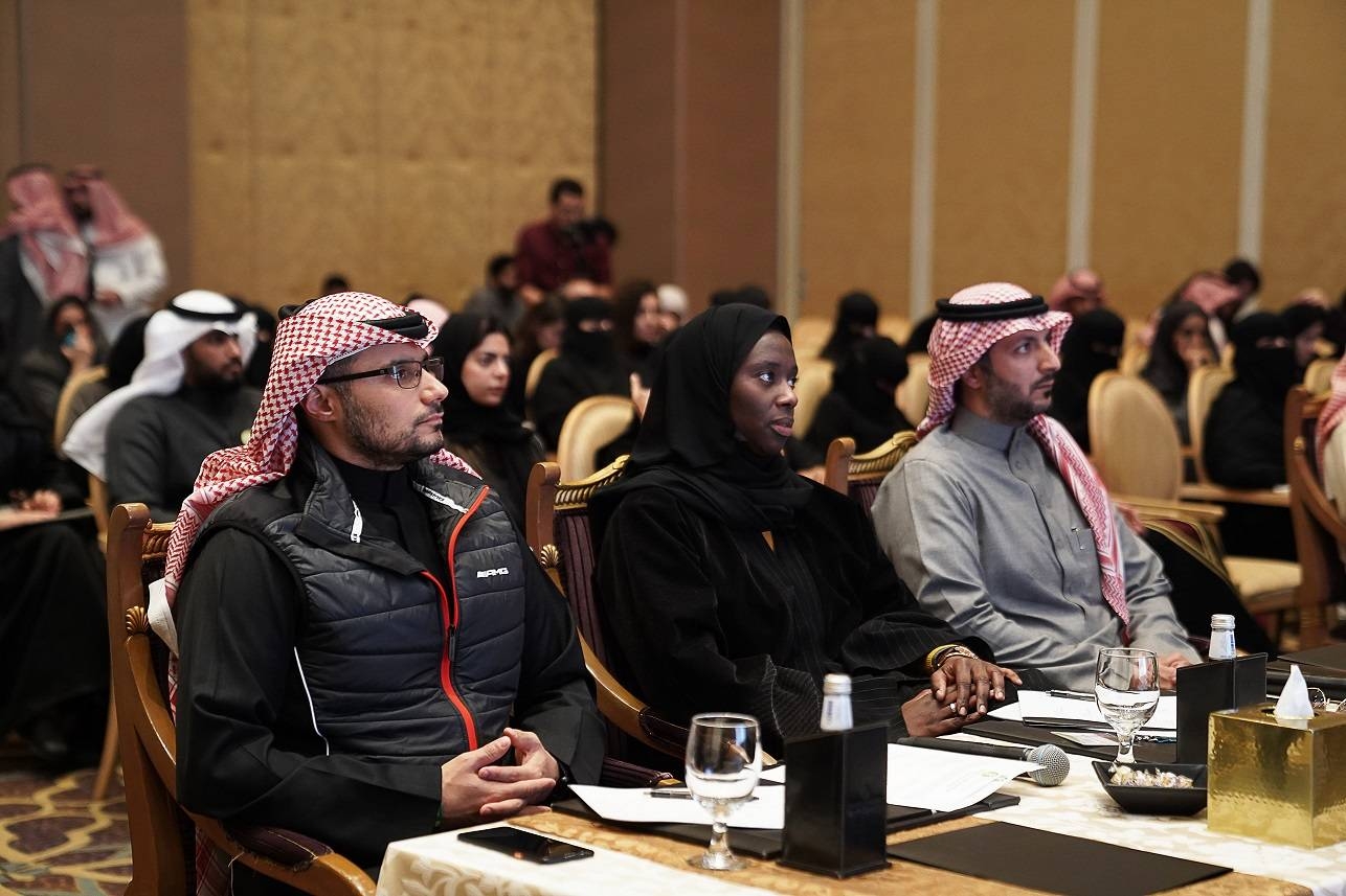 Saudi SFA Challenge first place winner Team Endorphin with Prince Khaled Bin Alwaleed and Shaima Saleh AlHusseini.