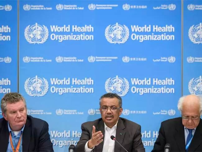 (From L) WHO Health Emergencies Program head Michael Ryan, WHO Director-General Tedros Adhanom Ghebreyesus and WHO Emergency Committee Chair Didier Houssin.

