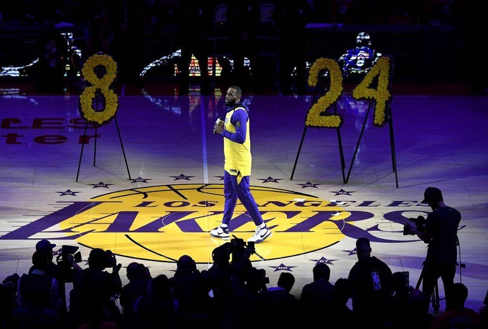 LeBron James #23 of the Los Angeles Lakers speaks during the pregame ceremony to honour Kobe Bryant before the game against the Portland Trail Blazers at Staples Center in Los Angeles, California, on Friday. — AFP 