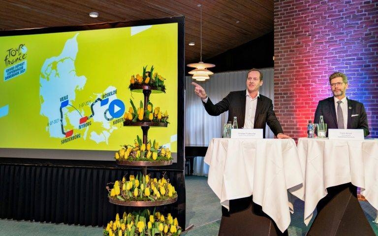 Tour director Christian Prudhomme and Copenhagen mayor Frank Jensen present the 2021 Grand Depart. — AFP