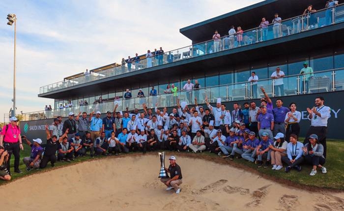 Champion Graeme McDowell celebrates his victory at the 2020 Saudi International.