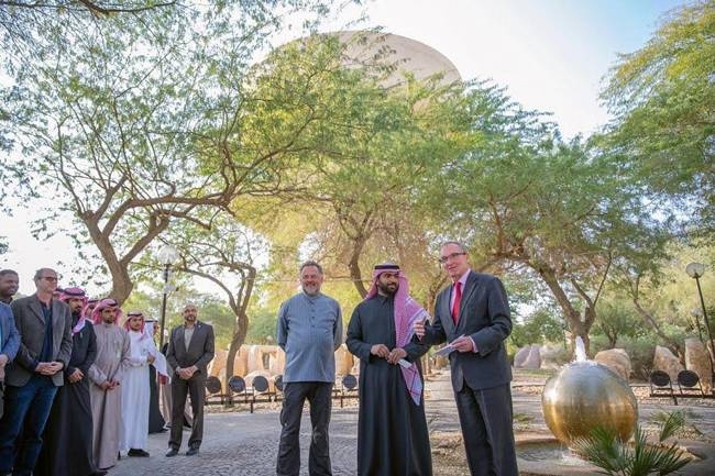 Prince Badr Bin Abdullah Bin Farhan, minister of culture and chairman of the Board of Directors of the Diplomatic Quarter General Authority (DQGA), German Ambassador Jorg Ranau and Jens Bödeker, son of Bödeker, at the naming of the largest part in Diplomatic Quarter in Riyadh. 