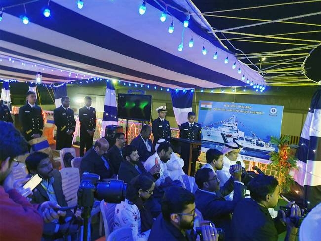 Indian Ambassador Dr. Ausaf Sayeed, center, holds a press briefing on board the Indian Coast Guard ship ‘Samudra Paheredar’ (Guard of Seas), which arrived at King Abdul Aziz Port at Dammam, Saudi Arabia, on a three-day visit.