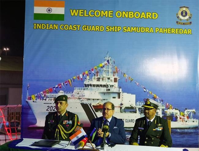 Indian Ambassador Dr. Ausaf Sayeed, center, holds a press briefing on board the Indian Coast Guard ship ‘Samudra Paheredar’ (Guard of Seas), which arrived at King Abdul Aziz Port at Dammam, Saudi Arabia, on a three-day visit.