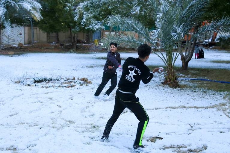 A snowball fight amid the palm trees — young boys enjoy only the second snowfall in a century to carpet Baghdad and central Iraq. — Courtesy photo