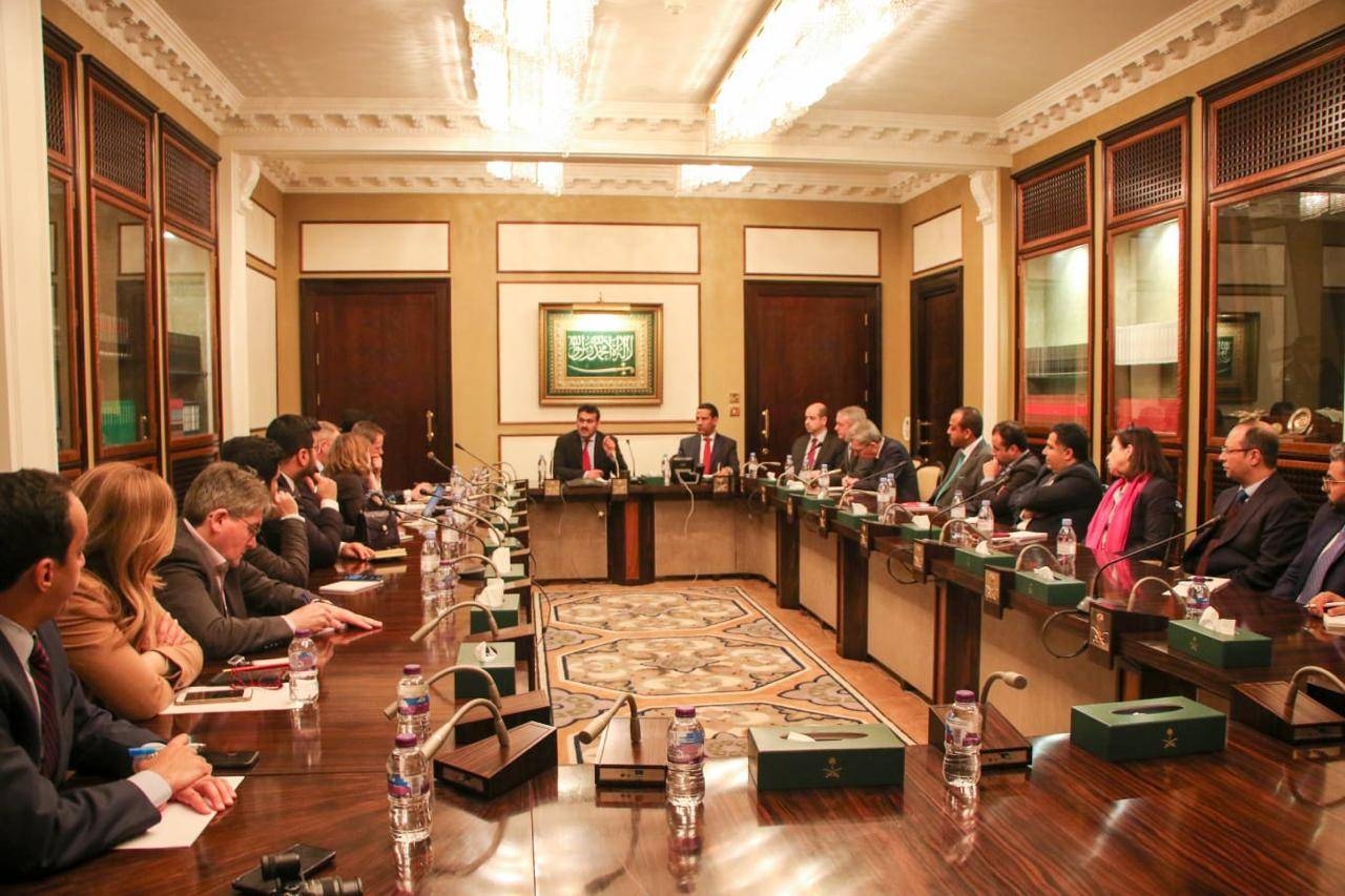 Arab Coalition spokesperson Col. Turki Al-Maliki talking to reporters in London on Wednesday.