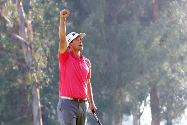 Australia's Adam Scott celebrates his two-shot victory at the Genesis Invitational, capped by a par at the 18th hole at Riviera Country Club. — AFP