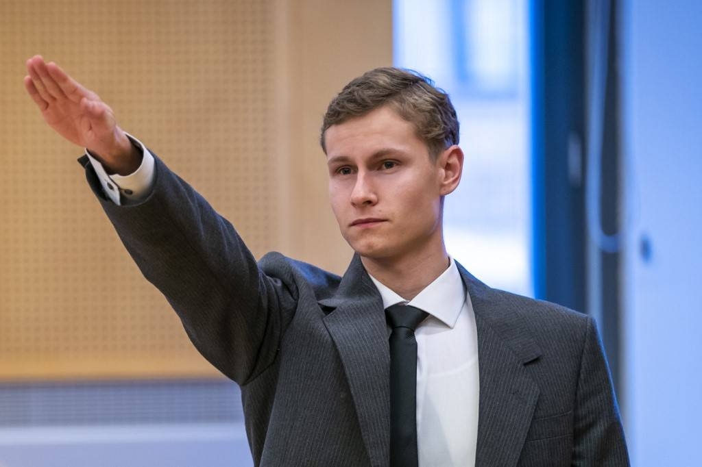 Terror accused Philip Manshaus gives a Nazi salute as he appears for his hearing at a courthouse in Oslo, Norway, in this Oct. 7, 2019 file photo. — AFP