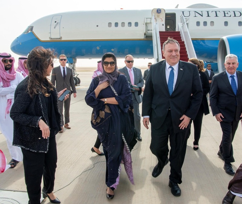 US Secretary of State Mike Pompeo was received at King Khalid airport in Riyadh by Saudi Ambassador to the US Princess Reema Bint Bandar on his arrival to Saudi Arabia on Wednesday.