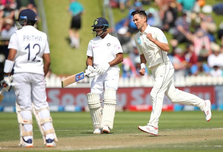 New Zealand's Trent Boult celebrates the wicket of India's Prithvi Shaw during the first test matchin Basin Reserve, Wellington, New Zealand, on Sunday. — Courtesy photo