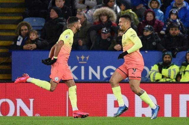 Manchester City forward Gabriel Jesus, right, celebrates his goal against Leicester City. — AFP 
