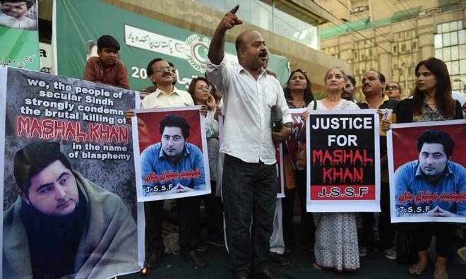 Pakistani demonstrators take part in a protest the killing of journalism student Mashal Khan in Karachi in this April 22, 2017 file photo. — AFP