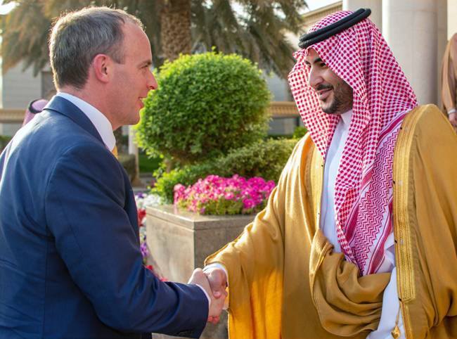 Deputy Minister of Defense Prince Khalid Bin Salman met here on Thursday the British Foreign Minister Dominic Raab.