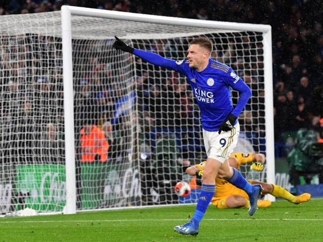 Leicester City's Jamie Vardy celebrates after scoring against Aston Villa in an English Premier League match at King Power Stadium. — AFP