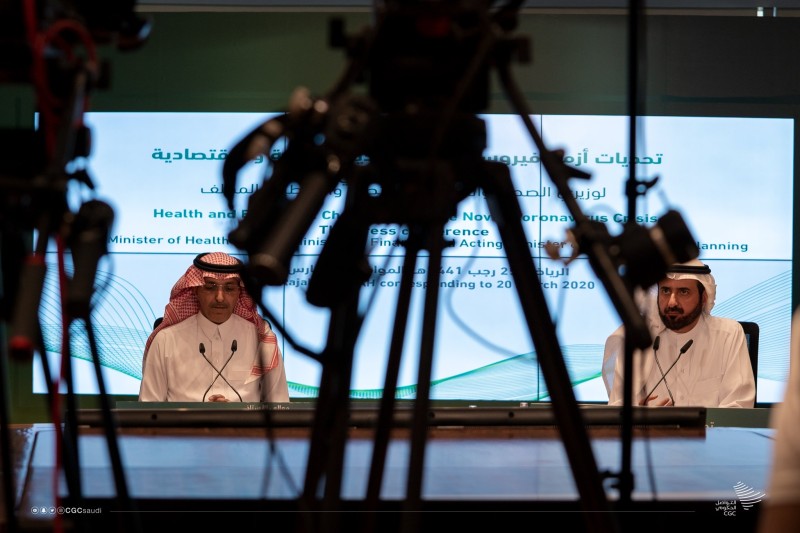 Finance Minister Mohammad Al-Jadaan, left, and Minister of Health Tawfiq Al-Rabiah are seen during a joint press on the coronavirus outbreak in Riyadh on Friday. — SPA photo