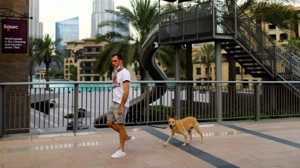 A man with a protective face mask, walks his dog, in downtown Dubai. -- Courtesy photo
