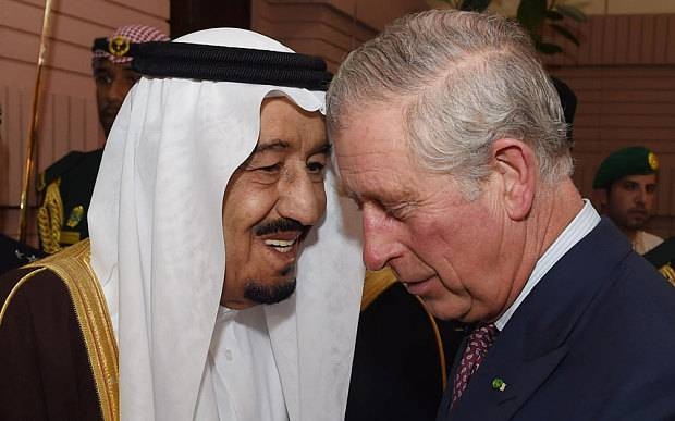 King Salman speaks with Prince Charles in Riyadh in this file photo.
