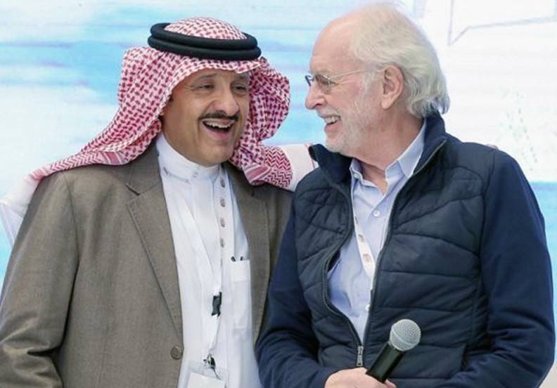 Prince Sultan Bin Salman, chairman of Saudi Space Commission (SSC) and founder and board chairman of Saudi Aviation Club, seen with Joe Clark, the internationally-acclaimed aviation pioneer and serial aviation entrepreneur.