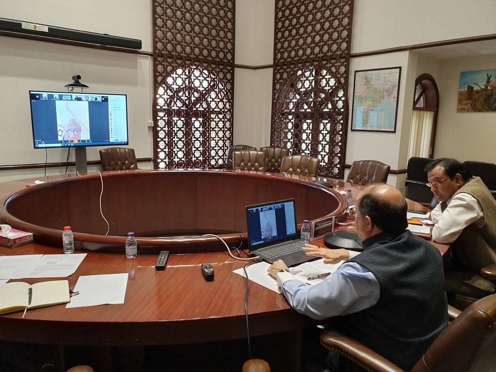 Indian Ambassador Dr. Ausaf Sayeed interacting with media persons in a virtual session on Wednesday.