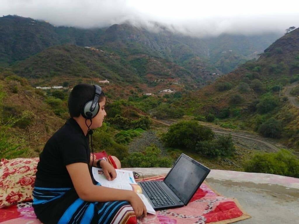 A photo shared on Twitter shows a boy distance learning via a laptop in Tihamah, Saudi Arabia. — Courtesy Twitter (@Mal_hothaly)