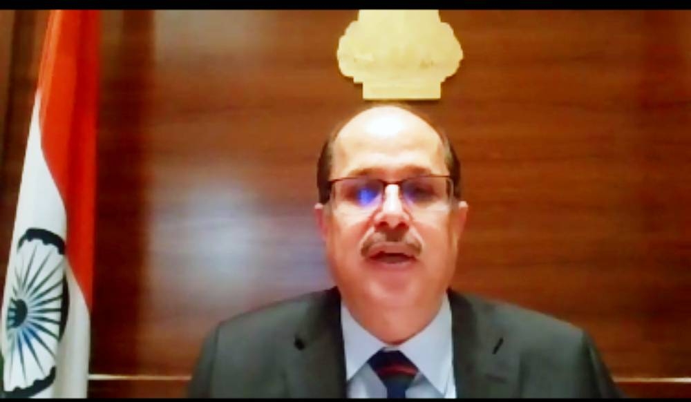 Indian Ambassador to Saudi Arabia Dr. Ausaf Sayeed addressing a virtual press conference in Riyadh on Wednesday.