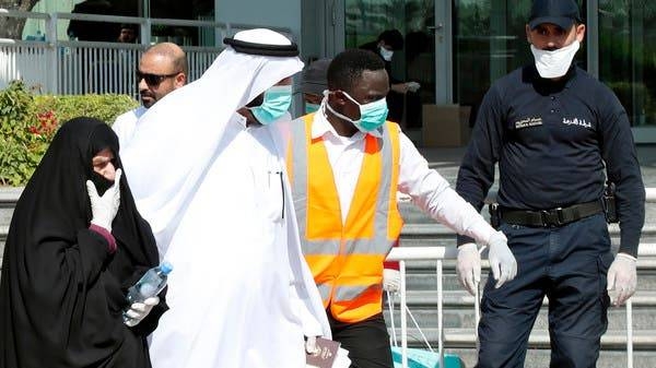 Construction workers seen inside Qatar's new Al-Bayt Stadium in the capital Doha, which will host matches of the FIFA football World Cup 2022.