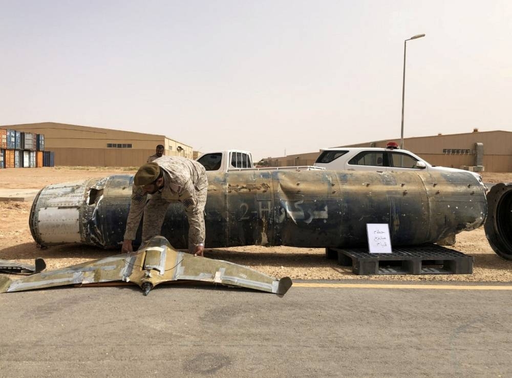 A projectile and a drone launched at Saudi Arabia by the Iranian-backed Houthi mililita are displayed at a Saudi military base, Al-Kharj, Saudi Arabia, in this file picture. — Courtesy photo