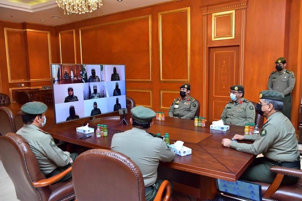 Maj. Gen. Sulaiman Al-Yahya, director general of Passports (Jawazat), along with other senior Jawazat officials, attends the virtual graduation ceremony of the first basic course for women in Riyadh. — SPA