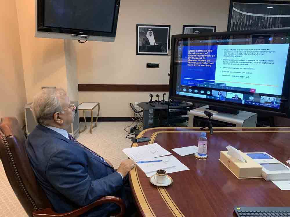 The UNCCT virtual meeting was chaired by the Permanent Representative of the Kingdom of Saudi Arabia to the United Nations and Chairman of the Consultative Council of the United Nations Center for Counter-Terrorism Ambassador Abdullah Bin Yahya Al-Mouallimi.