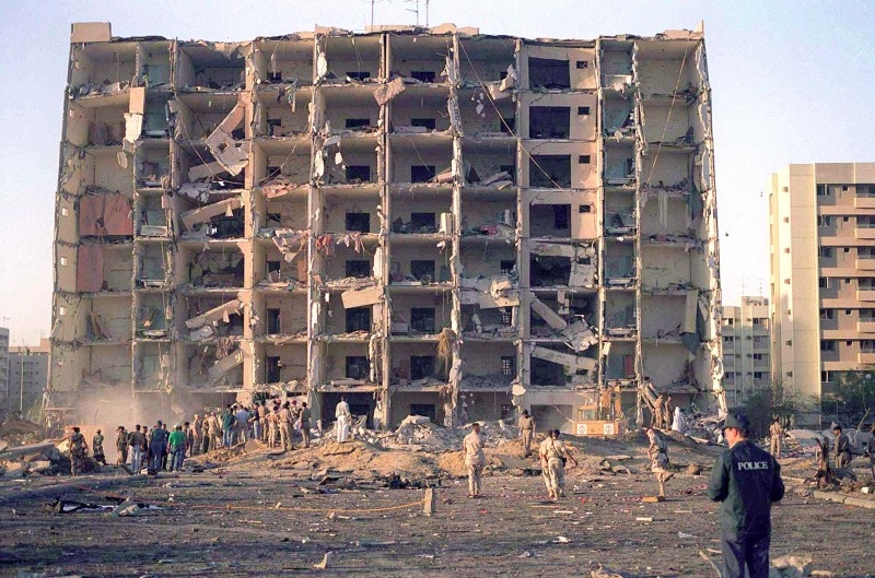 A view of Khobar Towers after a terrorist bomb exploded and killed US servicemen.